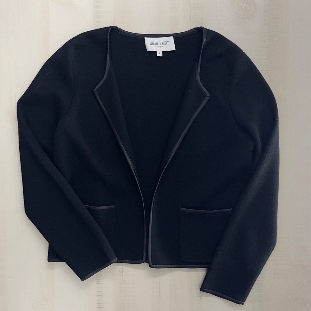 ELIZABETH MCKAY black cashmere cardigan sweater blazer work career L
